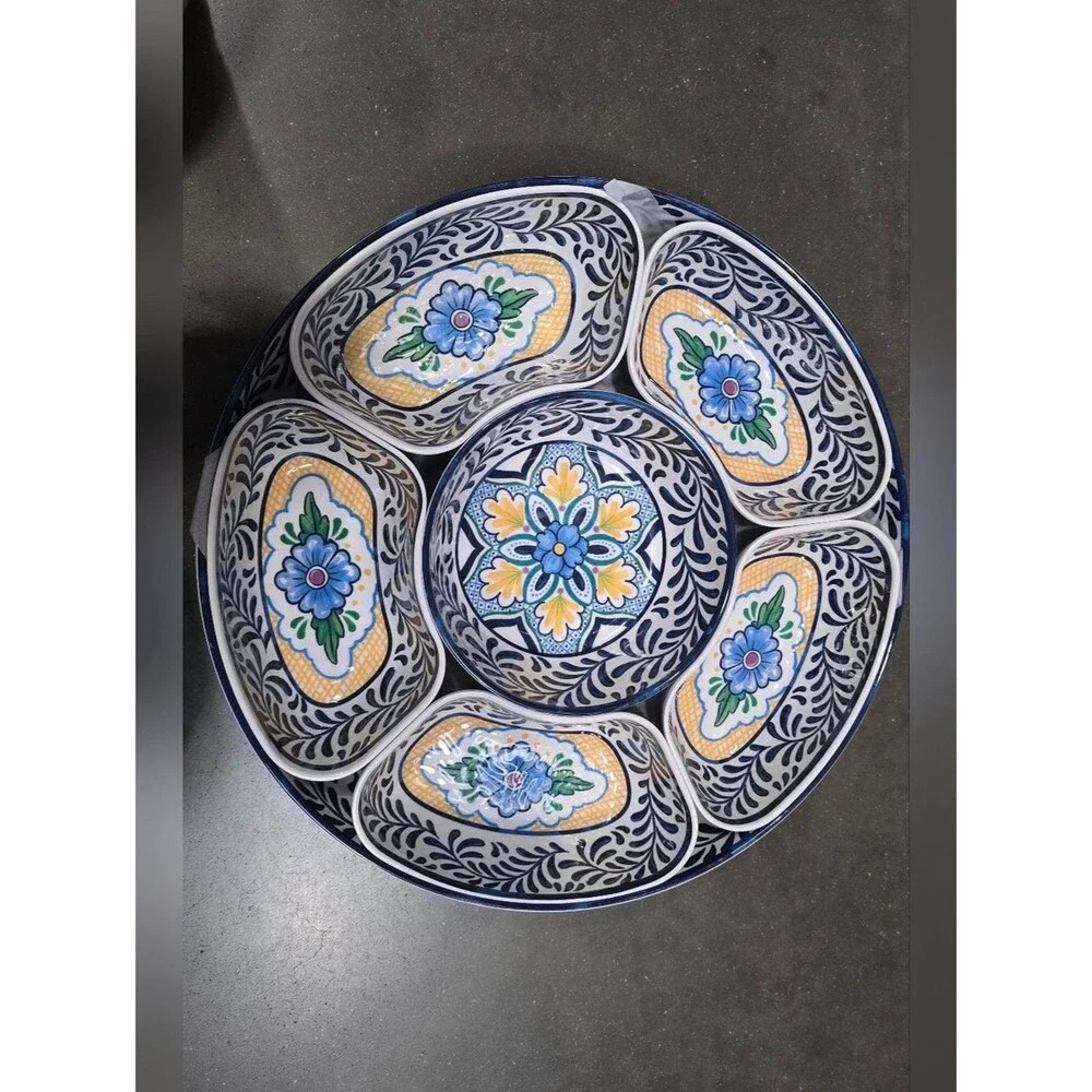 7 Piece Melamine Lazy Susan With Cover Divided Serving Dishes Floral Blue  2026